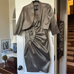 R&M Richards Shimmering Silver Dress with Jacket with jeweled flower at waist